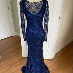 Their Blue metallic lace long sleeve gown, size 4
